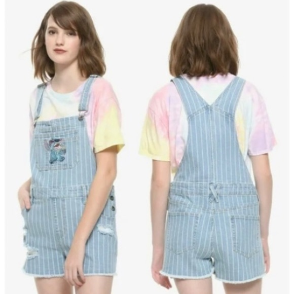 Disney Stitch Ice Cream Denim Pin Stripe Shortalls Size Small Distressed - Picture 1 of 9